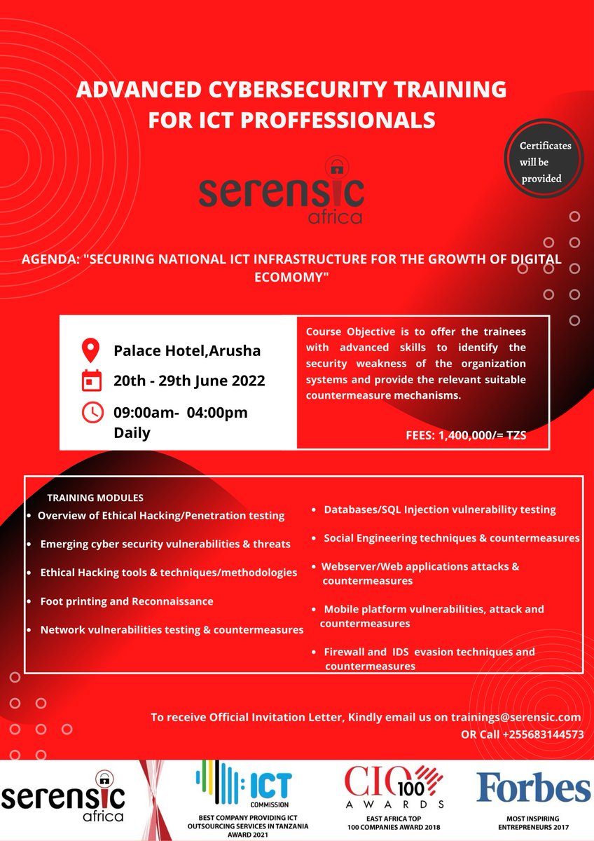Advanced Cybersecurity (Ten days) Training for ICT and Audit professionals. "Securing National ICT infrastructure for the growth of Digital economy ".