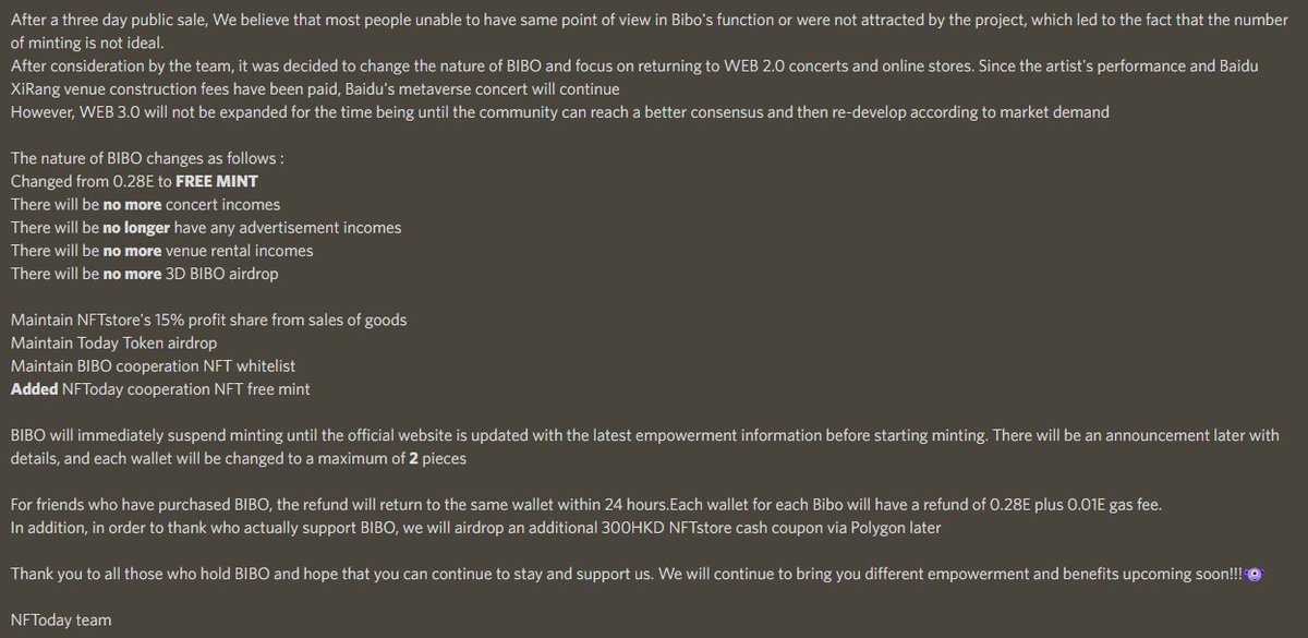 We believe most people unable to have same point of view in Bibo's function, which led to the fact that the number of minting is not ideal.  After consideration, we decided to change the nature of BIBO. 

To learn more: discordapp.com/channels/89558…