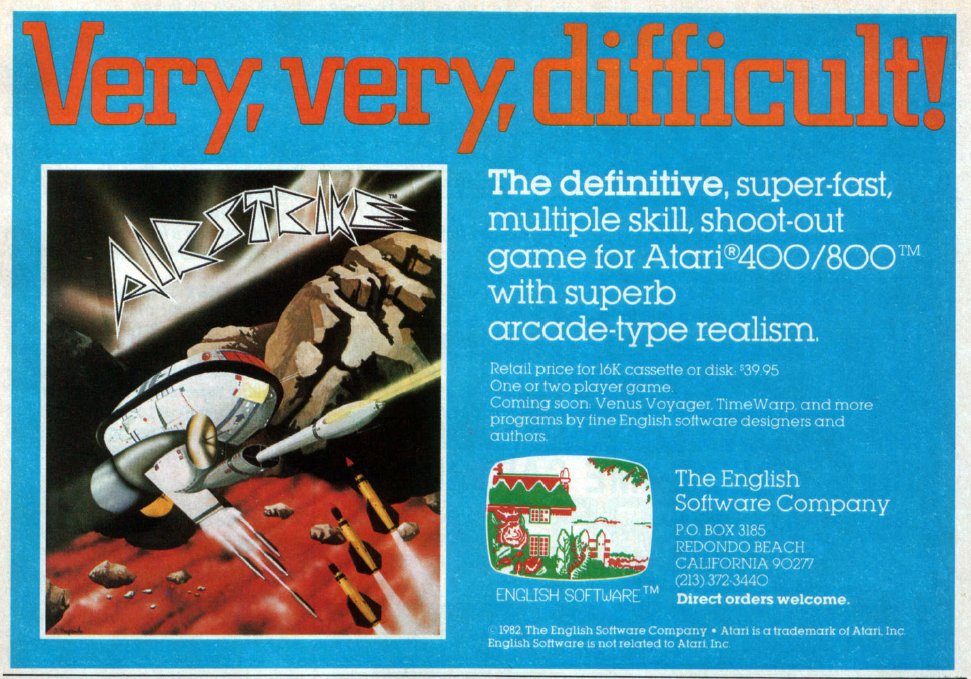 TakodanTweets's tweet image. 1983 small sized ad for the game &apos;Airstrike&apos; by #EnglishSoftware on #Atari400 #Atari800