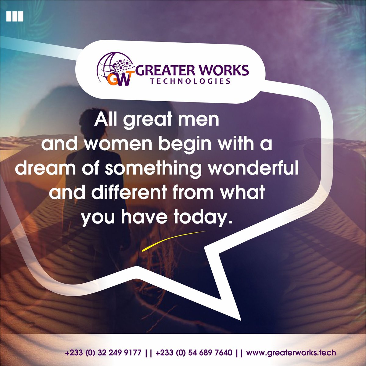 GreaterWorkTech's tweet image. Big dreams start small. Break down your big goals into mini goals. That&apos;s how you make success look easy! 
Contact us at greaterworkstech@gmail.com for your website development and management.Have a Fruitful Week💫
#greaterworks #techgh #newtrends #technologies #explore #business