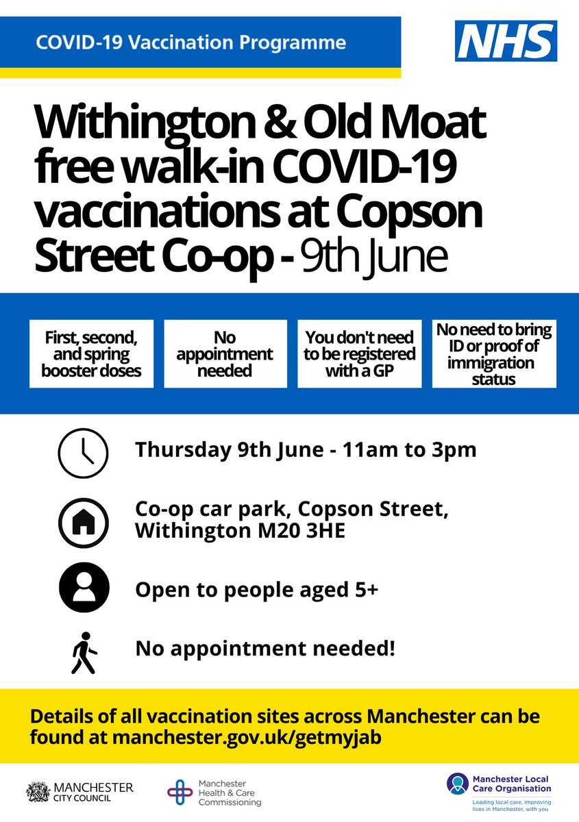 Anyone wanting a Covid vaccination can come along to our pop up which  will be situated in the Co-op car park in Withington on Thursday 9th June between 11am - 3pm. No appointment needed.