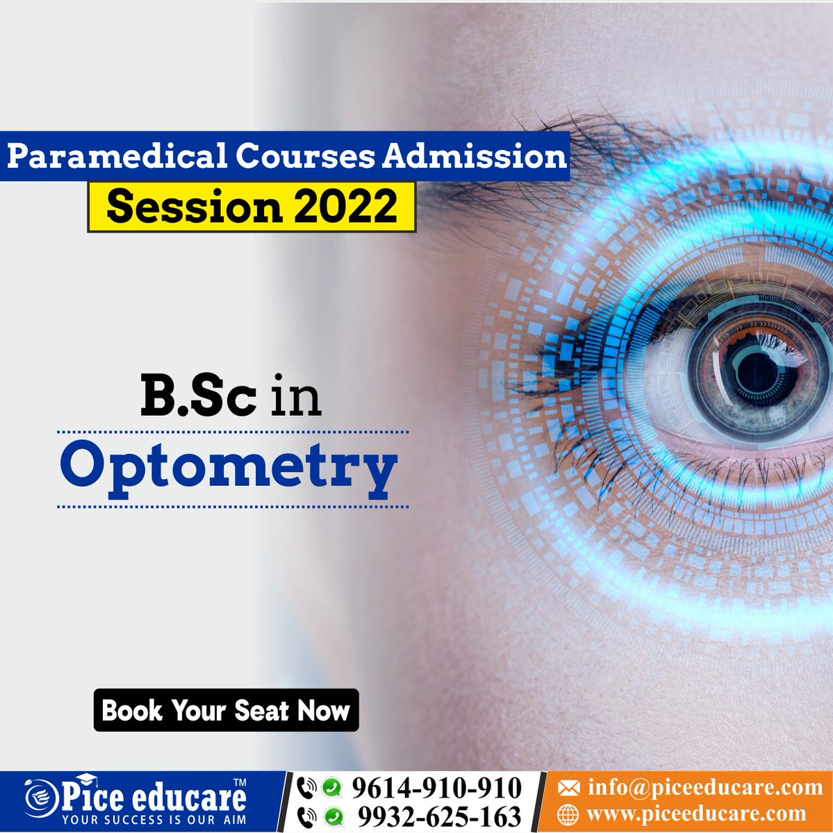 Paramedical Courses Admission 2022 
B.Sc in Optometry 
Book your seat now 
Helpline: +91-9614910910 / 9932625163 
#BScOptometry #Optometry #OptometryCourseAdmission #ParamedicalCourses #piceeducare