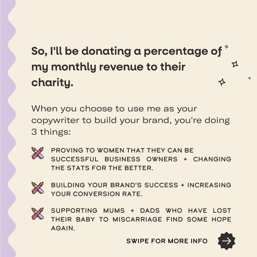 I'll be donating a percentage of my monthly revenue to <a href="/MiscarriageA/">Miscarriage Association</a> to help mums + dads of angel babies find light when there seems to be only darkness. 
A development to my business that I'm beyond proud of! 👼

#MiscarriageAwareness #NonProfit #BusinessForGood #SocialImpact