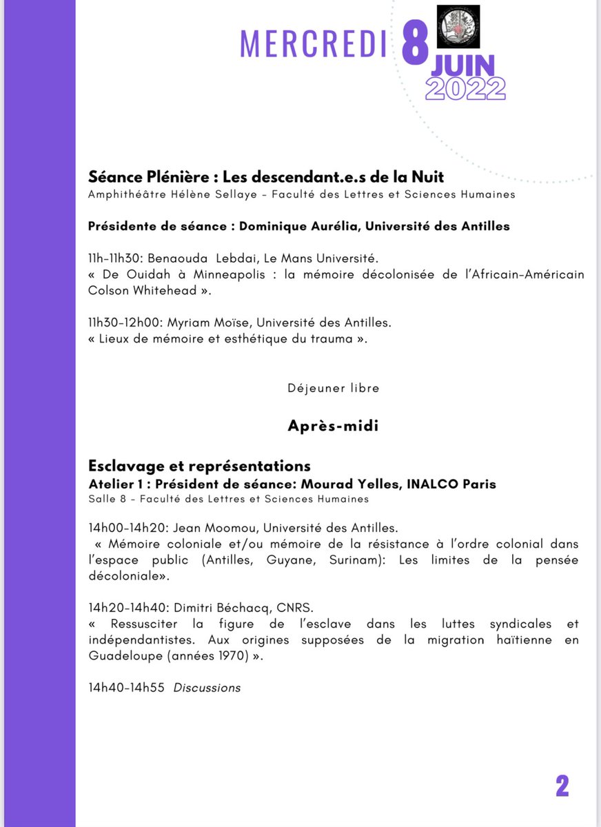 Myriam_Moise's tweet photo. Colloque international @UnivAntilles “Décoloniser les mémoires de l’esclavage”, voici le programme! Ça commence demain sur le campus de Schoelcher! Venez nous y rejoindre! Pas de zoom live, tout se fera dans la vraie vie! Rediffusion sur la bibliothèque https://t.co/NuaxoSpTIb. https://t.co/TAIvF4JKu9