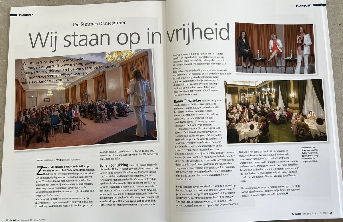 ‘Wij staan op in vrijheid’, zo opende ik het damesdiner op Soc.DeWitte ihkv Intl Vrouwendag. Mensenrechtenambass. <a href="/BTahzibLie/">Bahia Tahzib-Lie</a> en Jolien Schukking, NL rechter in het EuopeesHof <a href="/NewsEchr/">News ECHR</a> vertelden over hun bijdrage aan vrijheid en veiligheid. Ism <a href="/AliceDiels/">Alice Diels</a> en Caroline Muste.