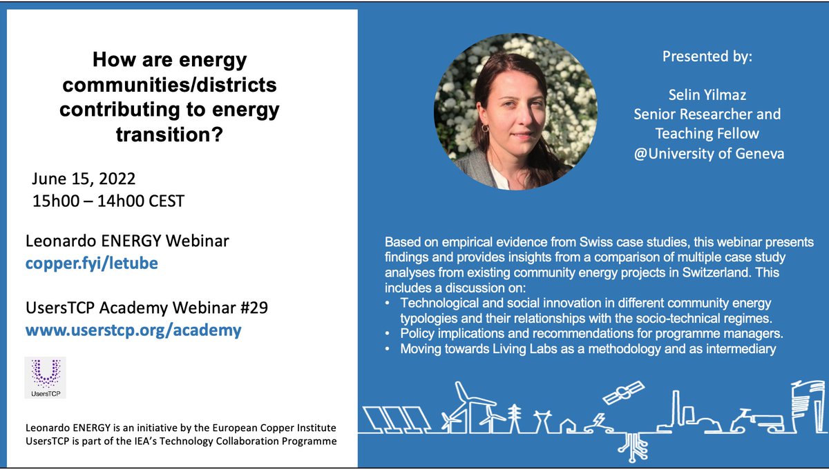 users_tcp's tweet photo. How are energy communities/districts contributing to energy transition?  
Join our next webinar to find out!
June 15th at 3pm CEST
Register here  https://t.co/0YJ0DTMdwr https://t.co/jjYOC2gEBG