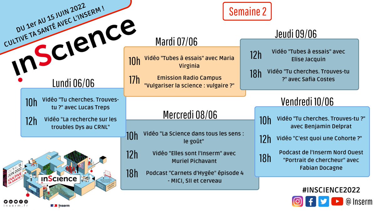[Cultive ta #santé avec l'<a href="/Inserm/">Inserm</a>] Aujourd'hui débute la 2ème semaine d'InScience, le festival de l'Inserm autour de la #science et de la santé !
📅 jusqu'au 15 juin 2022
Au programme : Tables rondes, expositions, escape game, vidéos &amp; podcasts.
#InScience2022