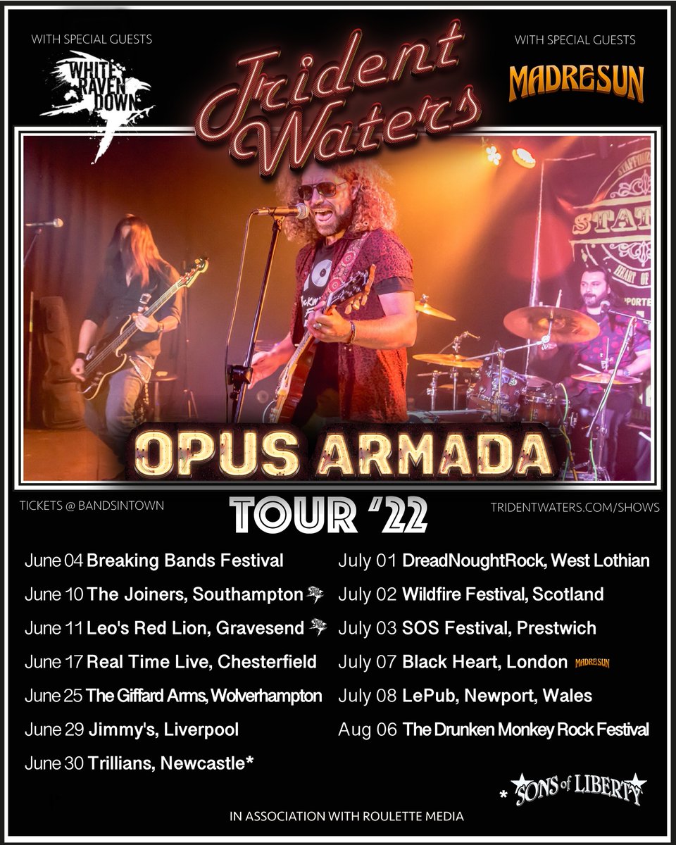 We're playing at @joinerslive , Southampton and @leosredlion, Gravesend on 10/11 June respectively. Support from @WhiteRavenDown for both shows and Trouble County join us at @joinerslive Tickets at tridentwaters.com #bluesrock #rock #livemusic #nwocr