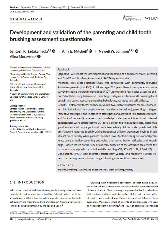 CommDentOralEpi's tweet photo. New out - open and free to read

The development and validation of a comprehensive Parenting and Child Tooth brushing Assessment (PACTA) questionnaire

https://t.co/j0YM3HQMLq https://t.co/41fxveNbRs