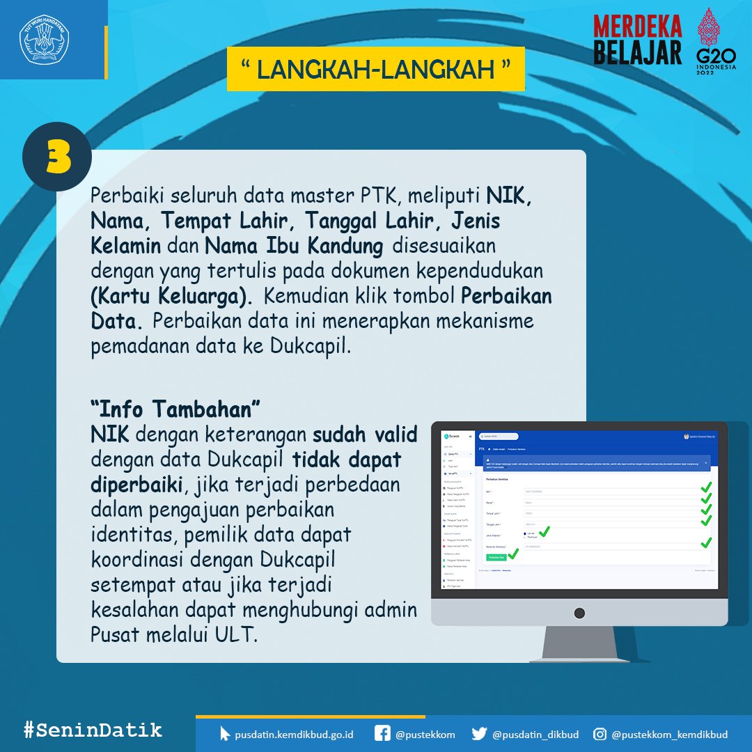 pusdatin_dasmen's tweet photo. #SahabatDatin, NIK dan identitas PTK yang valid Dukcapil merupakan syarat menjadi calon penerima NUPTK? Sudah valid-kah data PTK di satuan pendidikanmu?
 Yuk segera lakukan perbaikan data PTK !!! 
Simak dan cermati Langkah perbaikannya!! 
#senindatik 
#datadanstatistikpendidikan https://t.co/iFpmvNHMOS