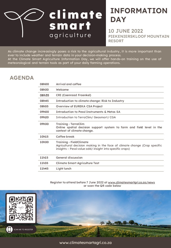 ClimateSmartAgr's tweet photo. Our next event at Piekenierskloof Mountain Resort in Citrusdal takes place on 10 June. This free event will educate attendees about the benefits of using technology in citrus cultivation. Sign up via https://t.co/1R1XUKr3U7.
#ClimateSmartAgriculture #precisionagriculture #events https://t.co/FyJpTL7SV0