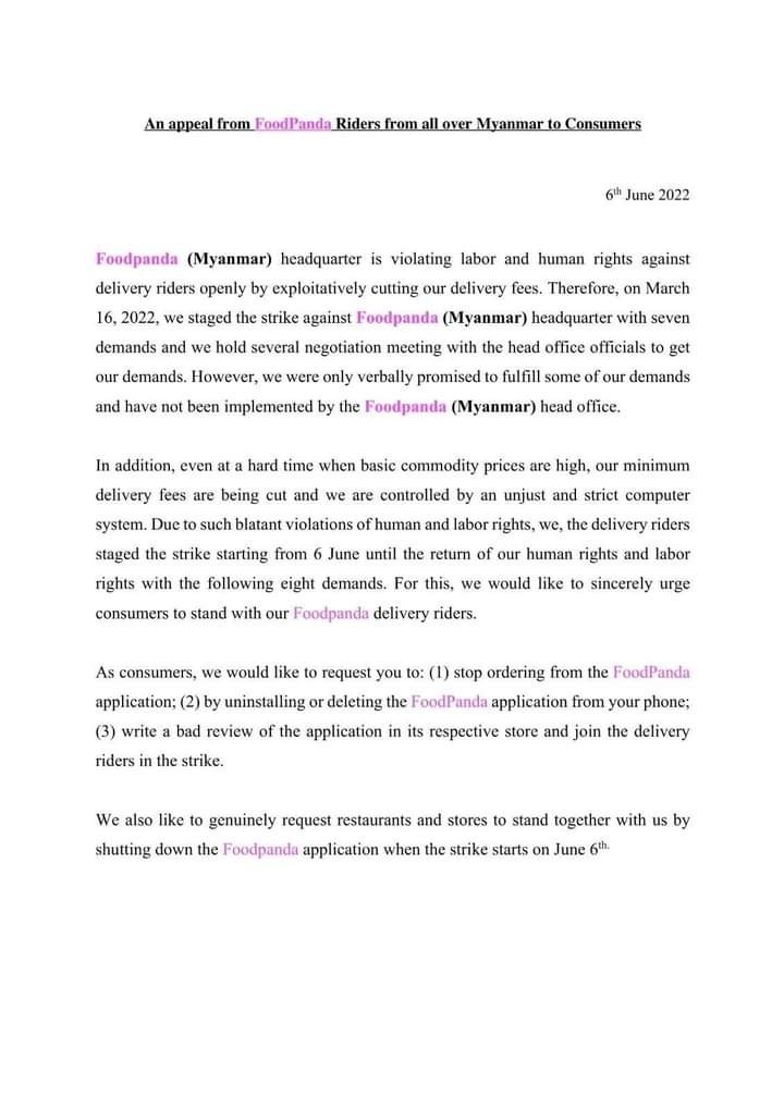 JusticeMyanmar's tweet image. Stand in solidarity w/ #foodpanda riders in #Myanmar!✊🏽

In response to labour rights violations by FoodPanda, riders are calling for a boycott as they cont. to demand fair wage &amp;amp; conditions.

Stand against economic injustice!
Stand against exploitation!
Stand against oppression!
