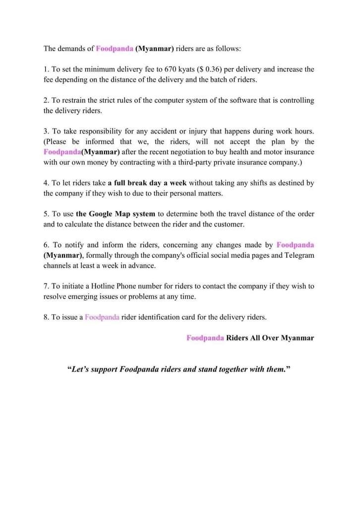 JusticeMyanmar's tweet image. Stand in solidarity w/ #foodpanda riders in #Myanmar!✊🏽

In response to labour rights violations by FoodPanda, riders are calling for a boycott as they cont. to demand fair wage &amp;amp; conditions.

Stand against economic injustice!
Stand against exploitation!
Stand against oppression!