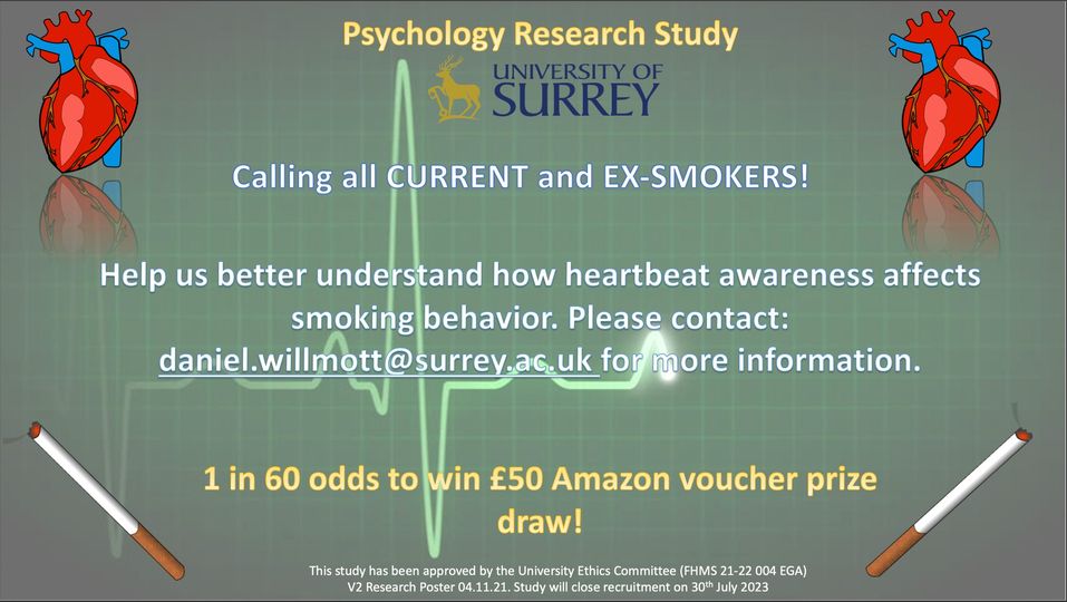 One of my trainees is looking at how interoception might affect smoking behaviour. Please contact Dan if you are interested in taking part in this research <a href="/UoSPsychD/">Clinical Psychology at Surrey</a> <a href="/SurreyPsych/">Surrey Psychology@surreypsychology.bsky.social</a> #smoking #interoception
