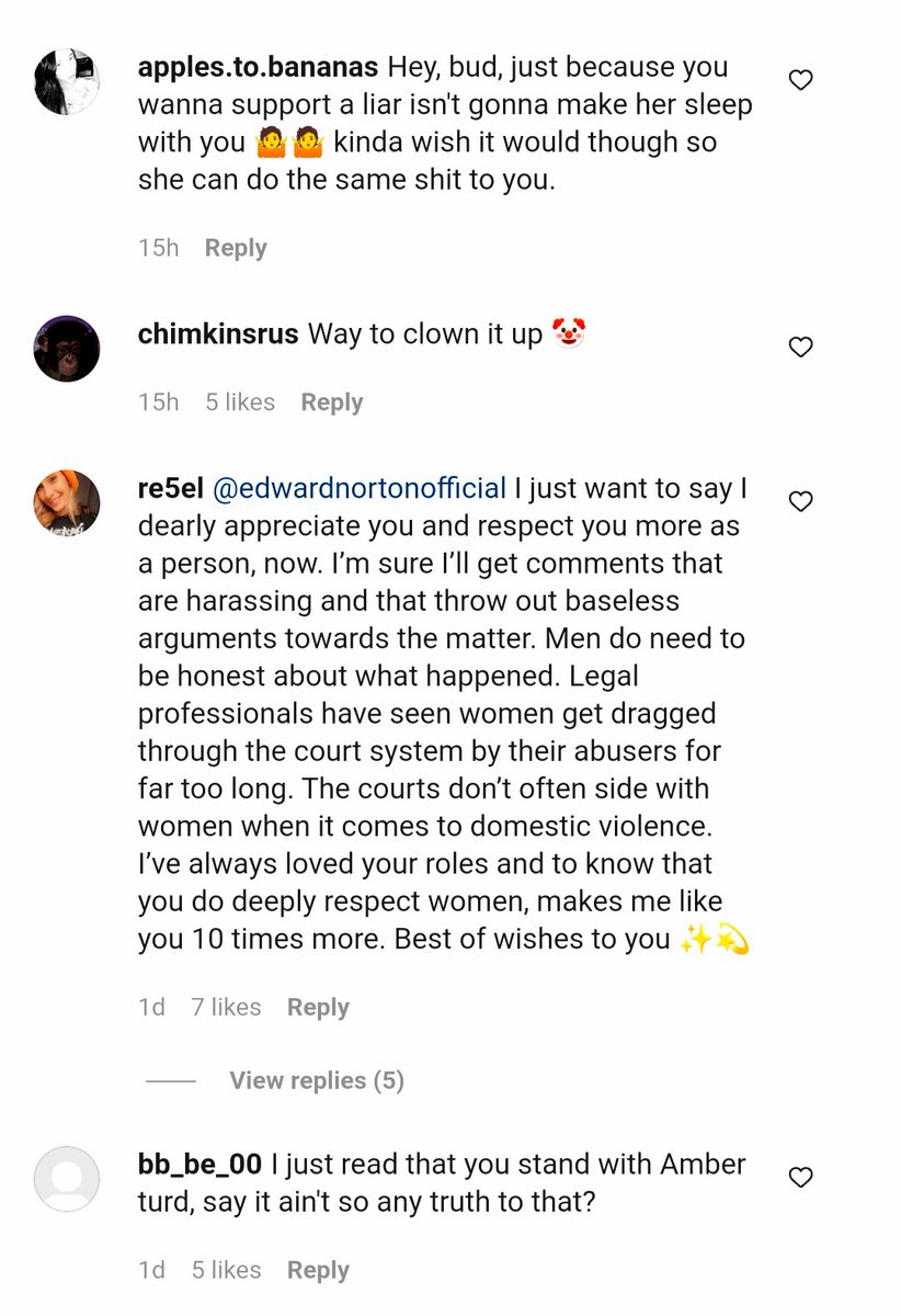 Legendary actor, Edward Norton is being harassed on ig by Depp supporters for supporting Amber Heard.