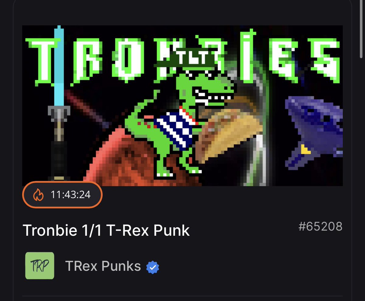TRex_Punks's tweet photo. 11 hours left to bid on this 1/1 @tronbies T-Rex Punk!
🦖Current bid- 600
Get yourself Rexed and grab this 1/1 Dino!
#trexpunk #trex #tronbie #tbt $tbt $trex https://t.co/KcFdmnsiqj