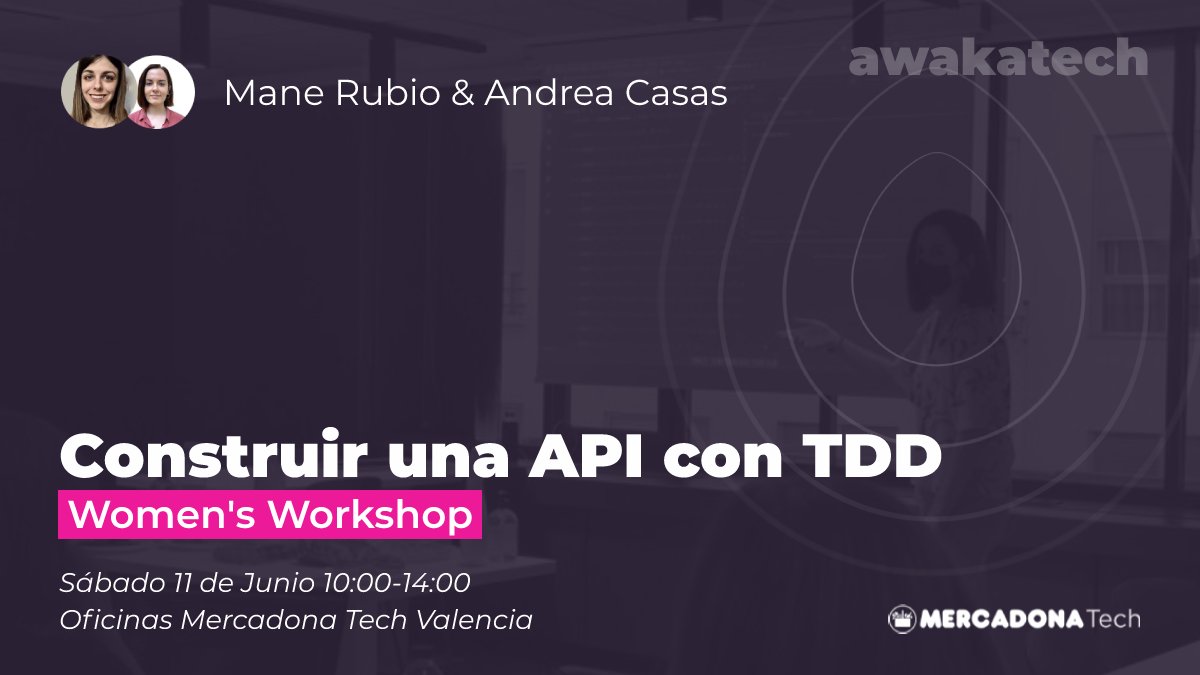 Hola programadoras! Estrenamos el proyecto de awakatech 🥑 con un workshop de TDD y APIs dirigido a mujeres 👩🏻‍💻

Tanto si llevas tiempo en la comunidad como si estás dando tus primeros pasos, ¡eres bienvenida! Te esperamos este sábado en @MercadonaTech 

🔗 meetup.com/awakatech/even…