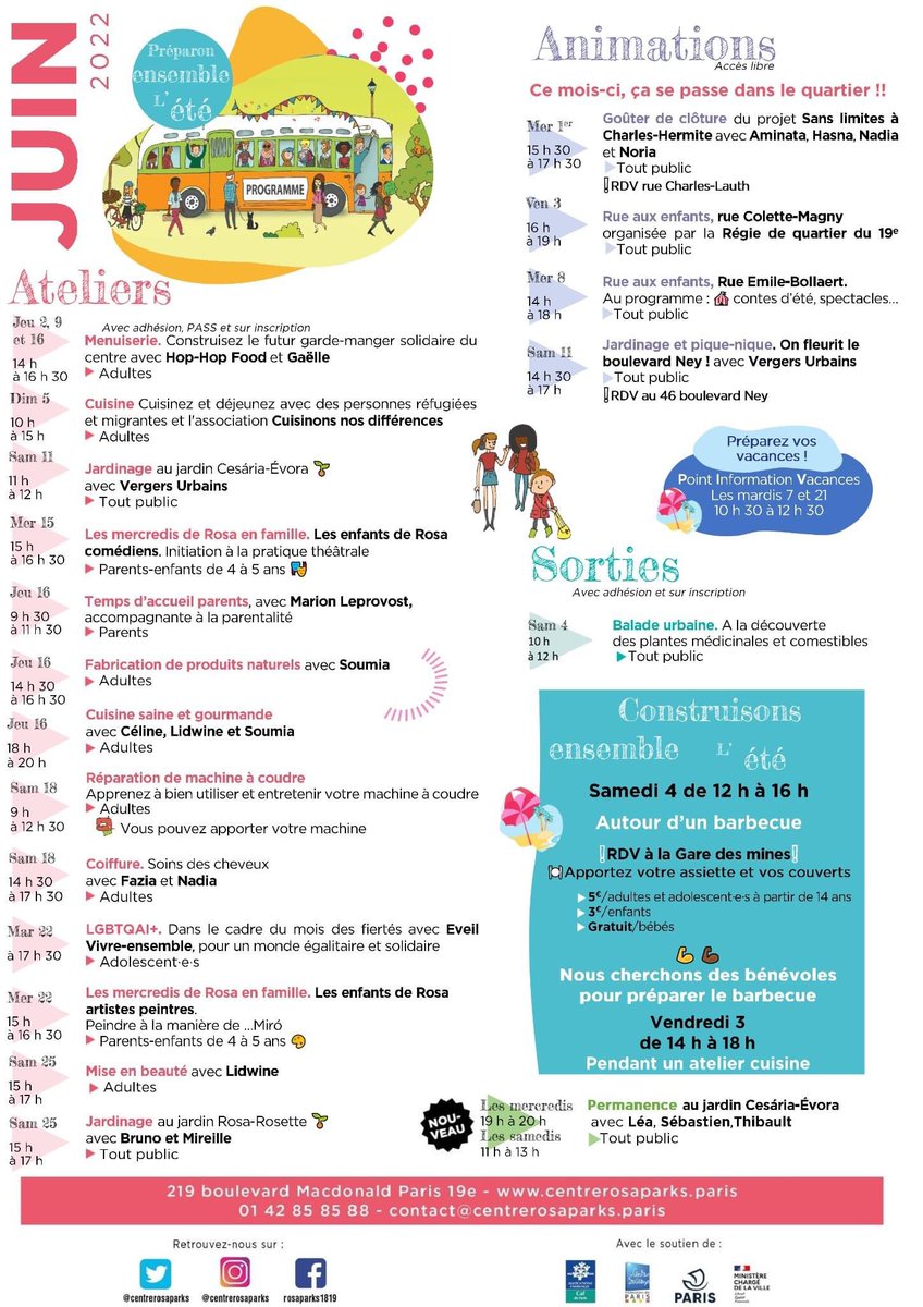Le programme de juin au <a href="/CentreRosaParks/">Centre Rosa-Parks</a> est riche pour tous les publics : enfants, ados,adultes,familles,solos.
🍕#cuisine saine et gourmande 🪴#jardinage partagé 
🧺#piquenique et #sorties
💬 débat #LGBTQIA 
🗓 Agenda complet sur centrerosaparks.paris
Venez et participez !
