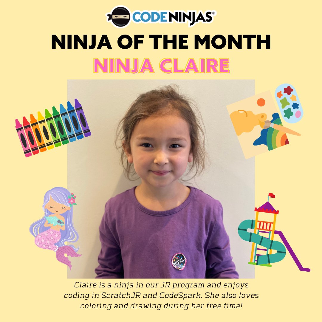 CodeNinjasALX's tweet image. Meet Ninja Claire. She will be a 1st grader in the upcoming school year and loves arts and crafts. When she's not at Code Ninjas, you can find her playing or coloring. Keep up the amazing work, Ninja Claire!
#codeninjas #ninjaofthemonth #jrprogram #kidswhocode #hiyah