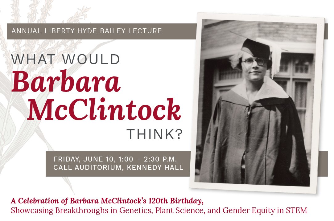 This year’s @Cornell Liberty Hyde Bailey Lecture showcases Barbara McClintock ’23, PhD ’27's legacy through breakthrough research @CornellCALS, including research from Global Development's @HaleAnnTufan & Margaret Smith. 6/10 at 1pm ➡️Register via Zoom: cornell.zoom.us/webinar/regist…