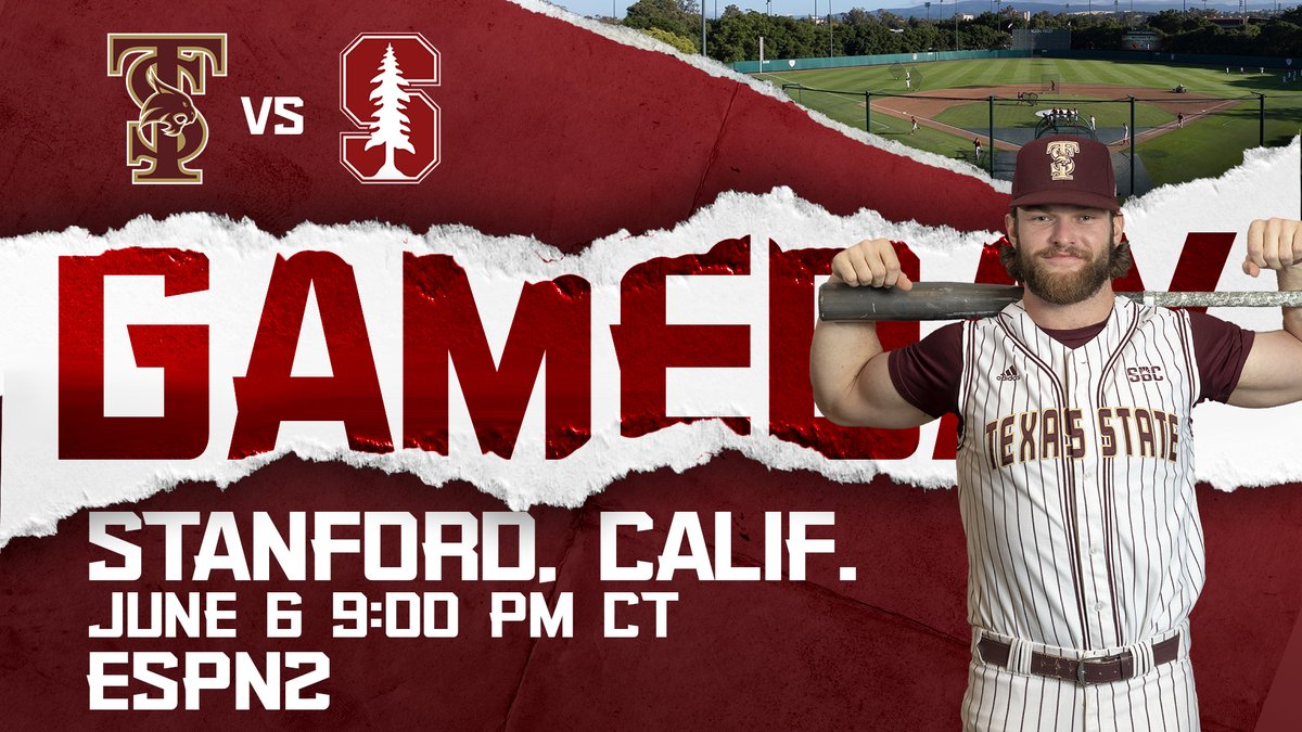 TxStateBaseball's tweet photo. Winner-take-all tonight on national TV

🆚: Stanford
📍: Sunken Diamond
🕑: 9 pm CT
📊: https://t.co/JKLoSSjdQH
📺: ESPN2
📻: https://t.co/fftzSre0qf

#EatEmUp #SlamMarcos #RoadToOmaha https://t.co/33bDfDsPwr