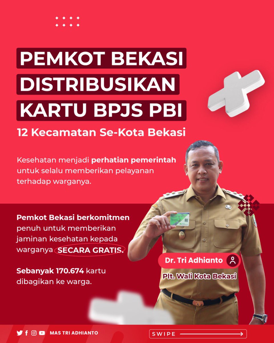 mas_triadhianto's tweet photo. Pekan ini, 170.674 Kartu BPJS Penerima Bantuan Iuran (PBI) diberikan Pemkot Bekasi kpd warga kurang mampu yg tdk memiliki upah tetap. 

Nantinya iuran akan dibayarkan pemerintah. Hal ini sebagai bentuk komitmen pemerintah dalam menjamin kesehatan warganya. 

Bagi warga yg ingin.. https://t.co/vVKtTs26Cw