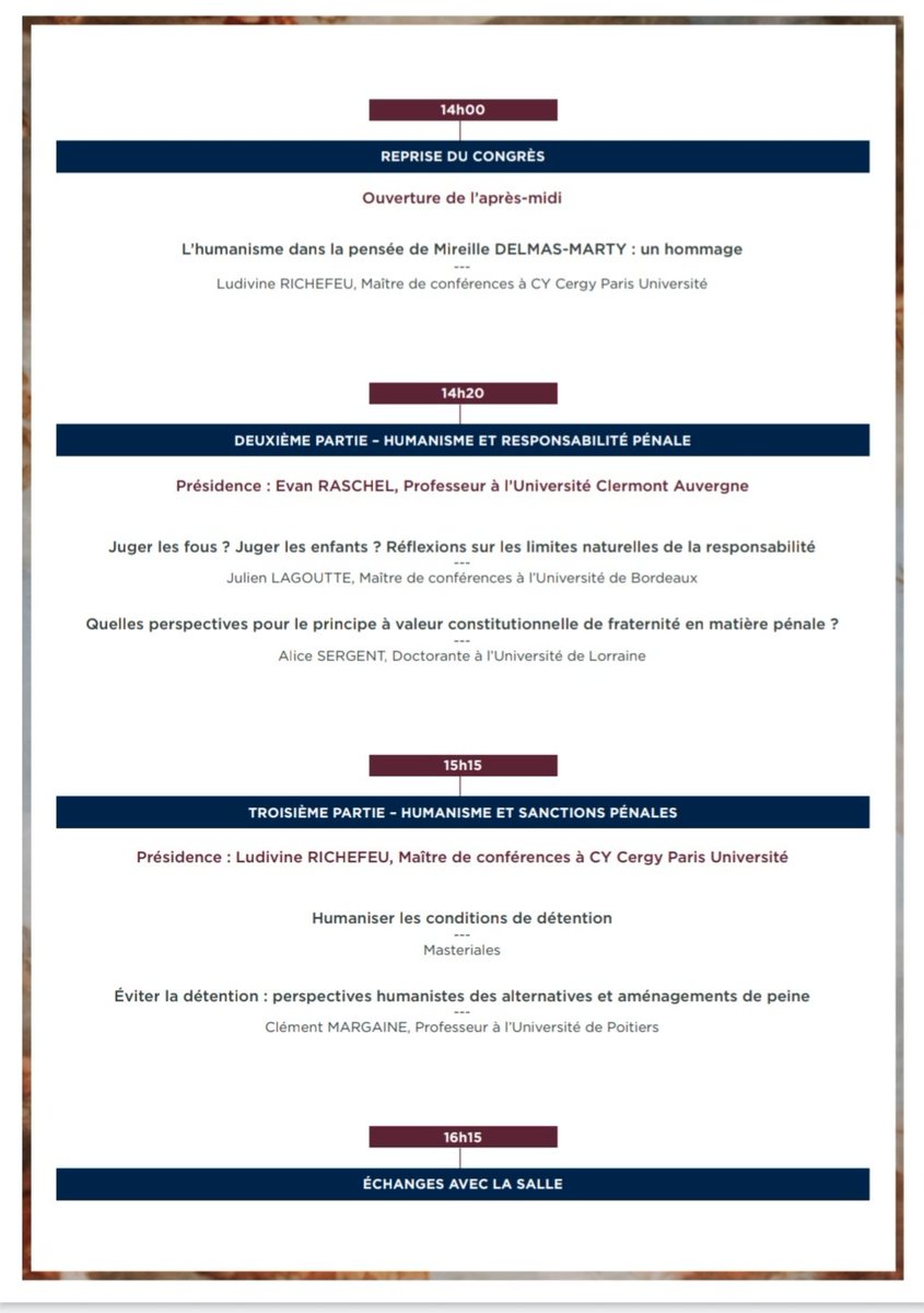 Impatiente de vous voir vendredi au 4e Congrès des jeunes pénalistes, organisé à <a href="/UniversiteCergy/">CY Cergy Paris Université</a> ! Merci à François Sureau d'avoir accepté d'ouvrir cette journée et à tous les autres intervenants pour leur participation, ainsi qu'à <a href="/EvanRaschel/">Evan Raschel</a> pour son aide précieuse.