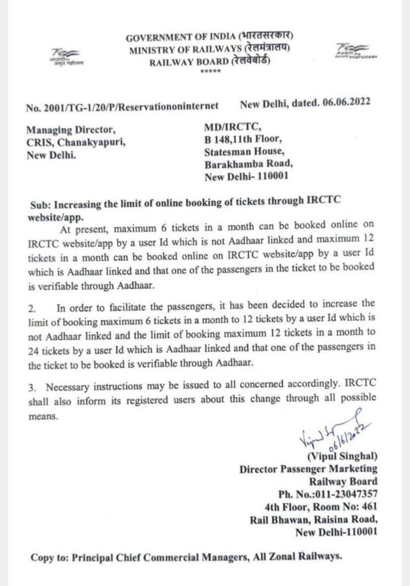 Karnataka Rail Users (@karailway) on Twitter photo Increase in the limit of online booking of tickets through IRCTC App/Website
▶12 tickets a month using non Aadhar linked User ID instead of 6
▶24 tickets a month using an Aadhar linked User ID instead of 12
#IndianRailways #IRCTC Increase in the limit of online booking of tickets through IRCTC App/Website
▶12 tickets a month using non Aadhar linked User ID instead of 6
▶24 tickets a month using an Aadhar linked User ID instead of 12
#IndianRailways #IRCTC