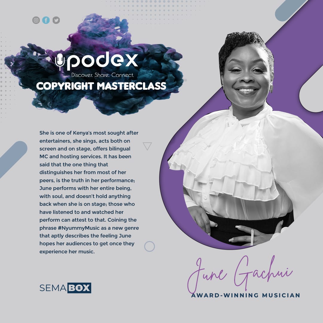 JuneGachui's tweet photo. Going down this evening
the #podex Copyright Masterclass with @semabox. Check out the work we do over @JGIPConsultants. https://t.co/jpTbAbtwzI