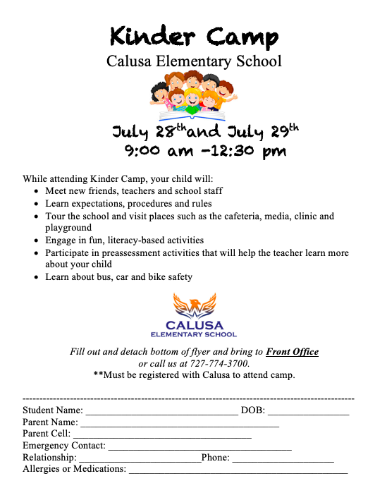 Attention all Calusa Families ~ Do you have an upcoming Kindergartner? Mark your calendars for our Kinder Camp.  We highly encourage attendance to help your child transition to school. 🍎

If you haven't enrolled your child, please contact us today!