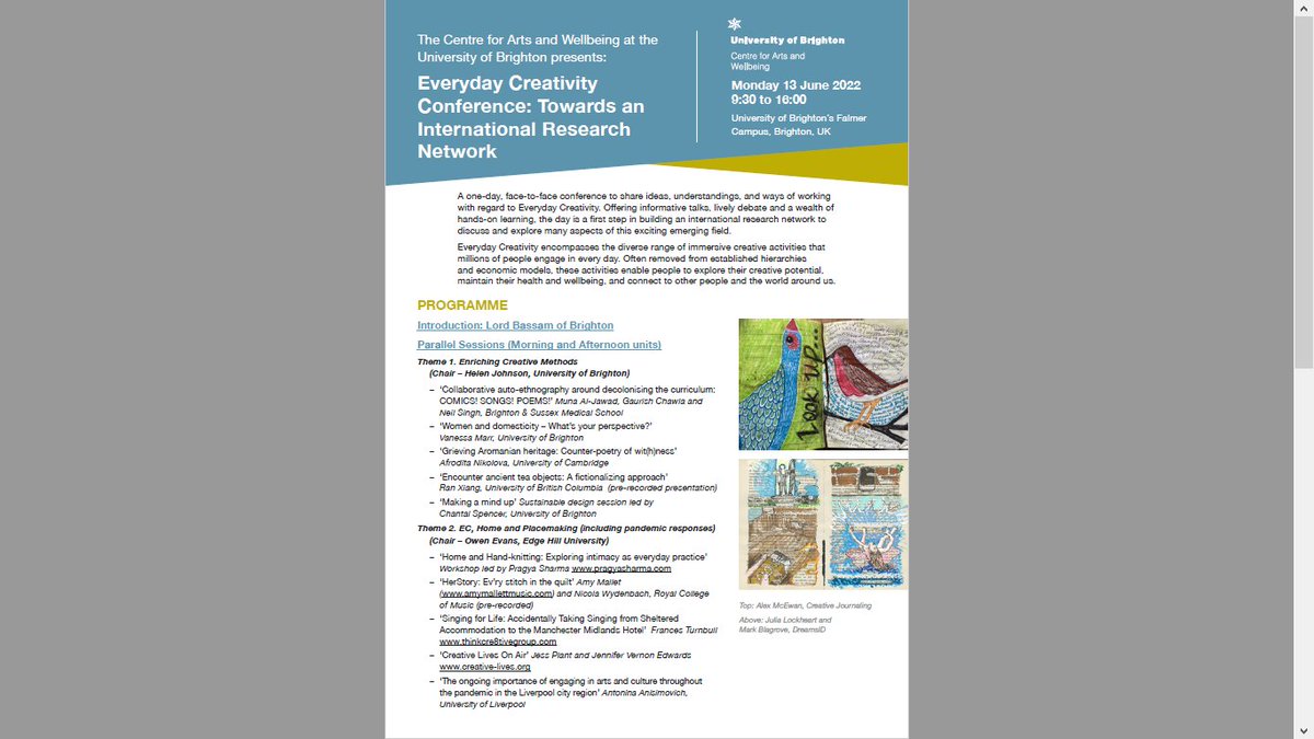 NickEwbank's tweet image. Last chance today to book for Mon 13 June conference on #everydaycreativity at @uniofbrighton @artswellbeing - great line up and opening talk by Lord Bassam, @SteveTheQuip, Shadow Minister in the @HOUSELORDS for Digital, Culture, Media and Sport