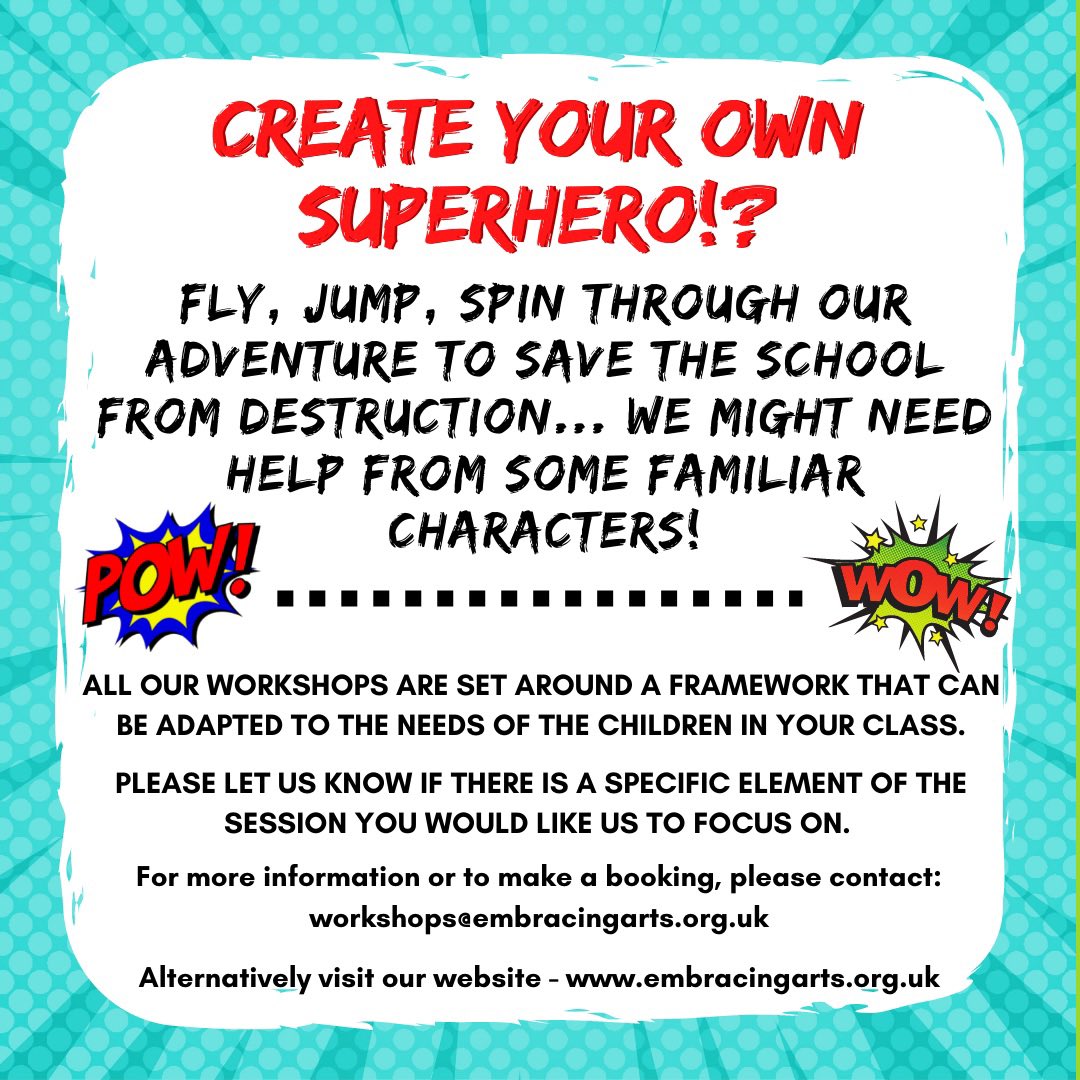 ArtsEmbracing's tweet photo. “Create your own #superhero!?

Fly, Jump, Spin through our adventure to save the school from destruction… we might need help from some familiar characters!” 

Our workshops help those who are visual &amp; physical learners to explore subjects through performance and interaction! https://t.co/yP1i4dnVuA