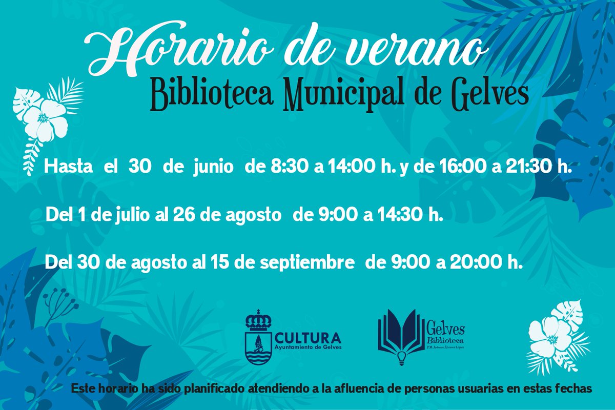 "A partir de mañana, este será el nuevo horario de verano para nuestra Biblioteca. Dicho horario ha sido adaptado según las necesidades de los usuarios de la sala de estudios. Rogamos disculpen las molestias que haya podido ocasionar. "
#bibliotecagelves  #horariodeverano