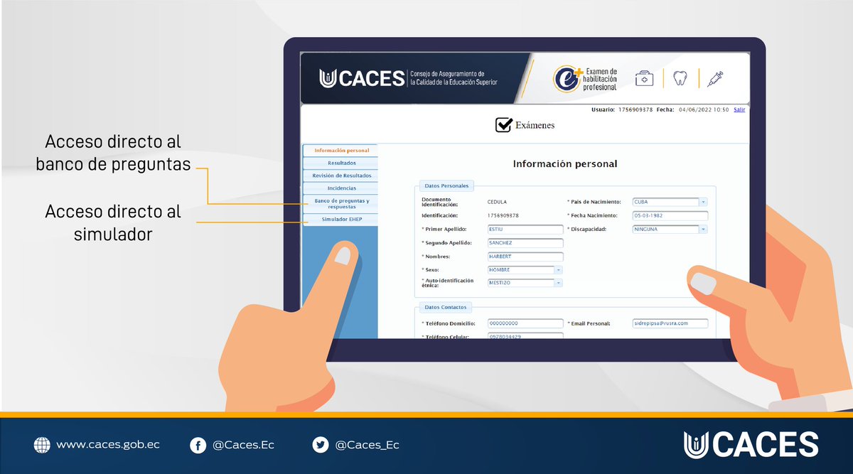 Caces_Ec's tweet photo. 📣 ¡Llegó el día!
En tu cuenta personal, en el menú, visualizarás dos nuevas opciones: 
1. El simulador 
2. El banco de preguntas y respuestas.
Ingresa a tu cuenta y tendrás estas nuevas opciones a tu disposición. https://t.co/5WMhRtjTFF