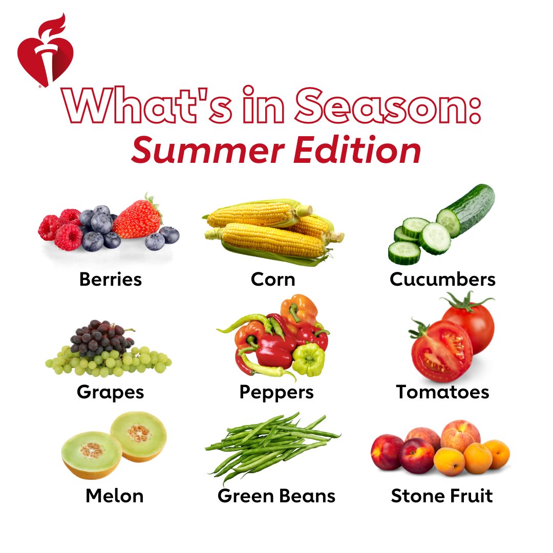 HeartAssocMN's tweet photo. In-season produce is fresher, tastier, more nutritious and less expensive. What fruits and vegetables do you grow at home? #MoreColor https://t.co/QD14ejtaL3