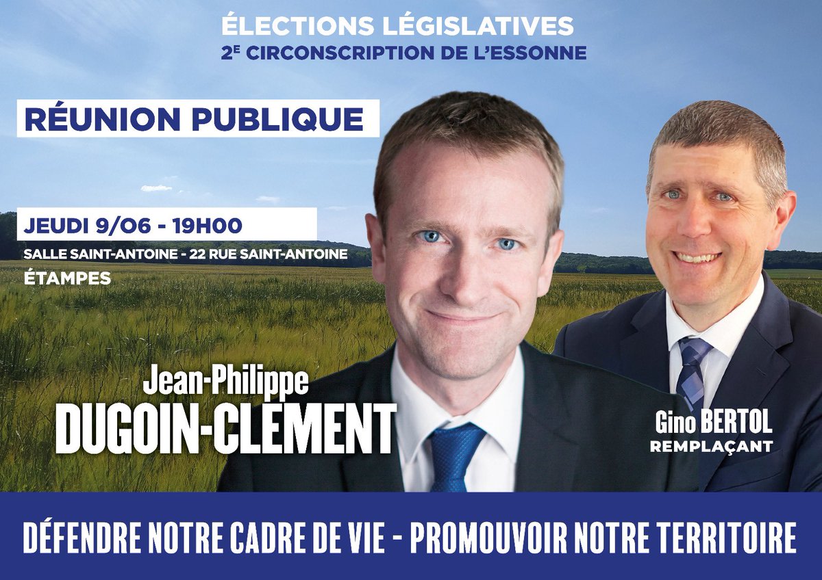 JPDugoinClement's tweet photo. ‼️ Milly-la-Forêt, La Ferté-Alais, Étampes, Mennecy… dernière semaines de campagne et dernières réunions pour parler avec vous de notre sud Essonne !
#legislatives2022 #circo9102 https://t.co/FQEvHgped2