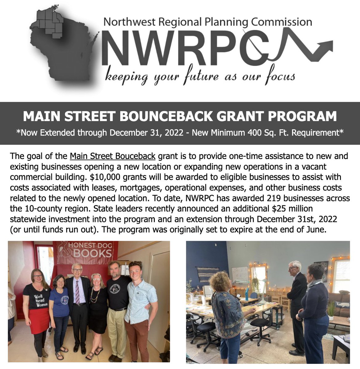 BayfieldCoEDC's tweet photo. The Main Street Bounceback Grant Program is now extended through December 31, 2022. 

Visit the program website at https://t.co/bahuudXEYn to read through the FAQ's, determine eligibility, view required materials, and download the application. https://t.co/ScIsU4pcVh