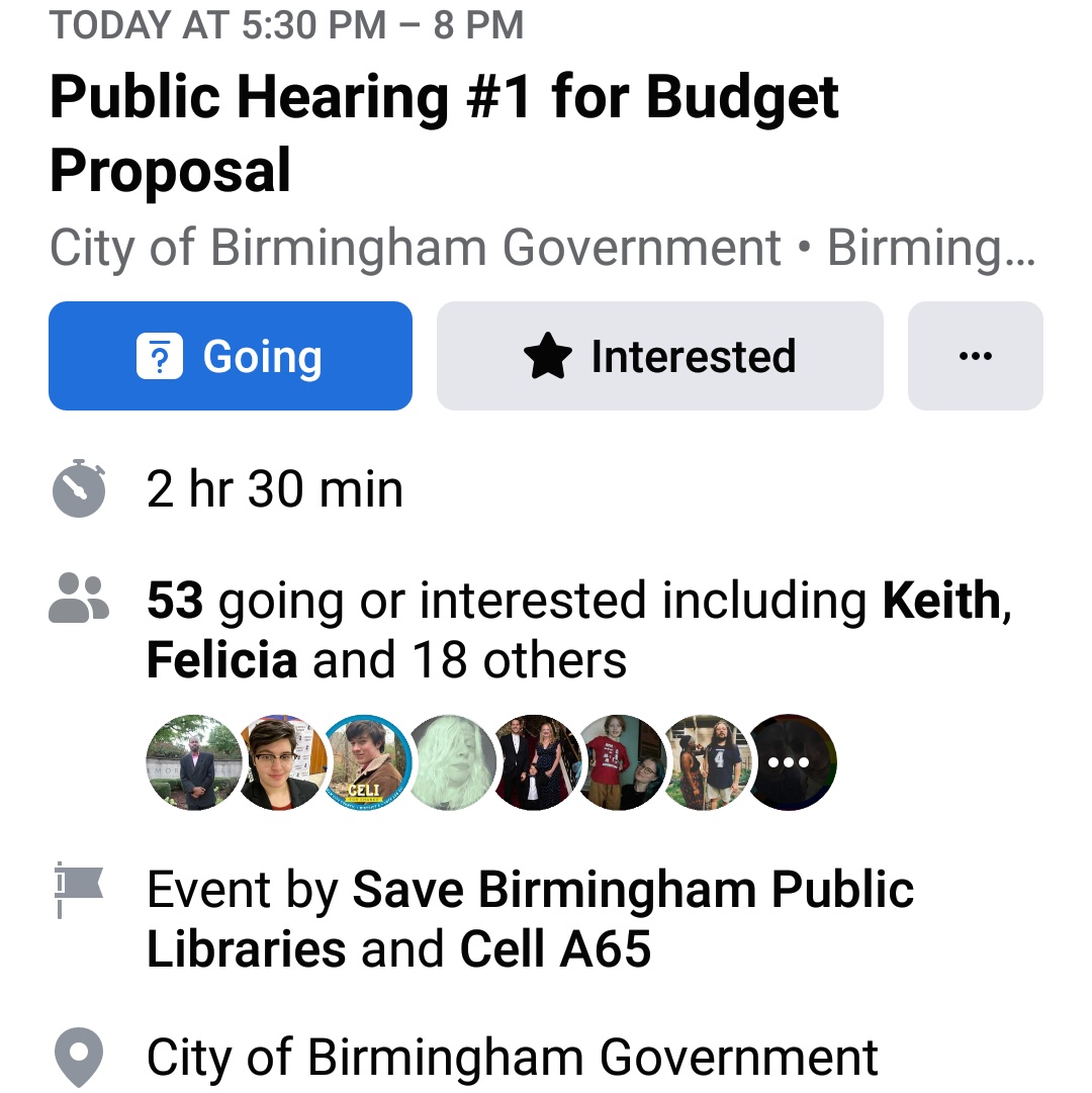First City Budget Hearing is today for Birmingham's proposed FY23 budget (7/1/22-6/30/23)

If you want to make your voice heard about your budget priorities (i.e. libraries, food security, or alternative criminal justice models), today's hearing starts at 5:30 PM at City Hall.