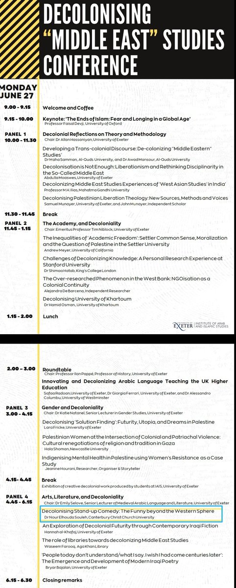 Dr. Nour Elhouda Souleh - د. صولح نور الهدى (@drnoursouleh) on Twitter photo Decolonising "#Middle_East" Studies Conference on the 27th June. 
My presentation within the panel of Art, Literature and Decoloniality. I will be joining the event online. 
#Decolonising Stand-up #Comedy: the Funny beyond the Western Sphere.
<a href="/ExeterIAIS/">Institute of Arab and Islamic Studies (IAIS)</a>
<a href="/UniofExeter/">University of Exeter</a> Decolonising "#Middle_East" Studies Conference on the 27th June. 
My presentation within the panel of Art, Literature and Decoloniality. I will be joining the event online. 
#Decolonising Stand-up #Comedy: the Funny beyond the Western Sphere.
<a href="/ExeterIAIS/">Institute of Arab and Islamic Studies (IAIS)</a>
<a href="/UniofExeter/">University of Exeter</a>