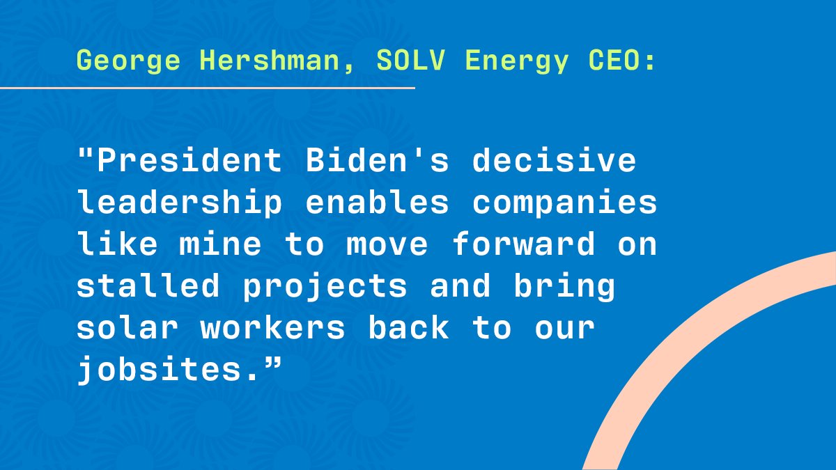 SOLVenergyteam's tweet photo. "@POTUS' decisive leadership enables companies like mine to move forward on stalled projects and bring solar workers back to our jobsites." Read the full statement from SOLV Energy CEO @gwhershman on the President's decision to waive tariffs for 24 months: https://t.co/lAWCcQV2l2 https://t.co/UyKoEK2MB4