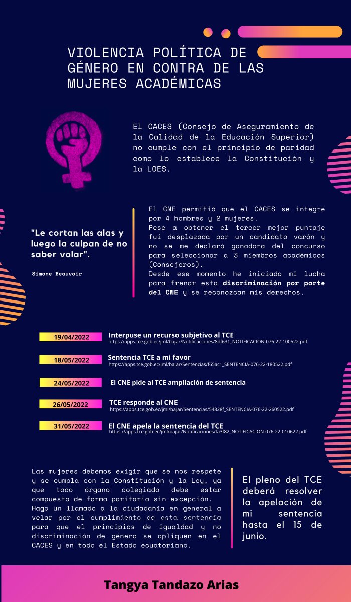 tangyata's tweet photo. #ParidadgeneroCACES El 
@cnegobec
ha impugnado mi sentencia ante el 
@TCE_Ecuador
confío en que este organismo continúe haciendo cumplir la Constitución y la Ley y permita que las mujeres participemos en espacios de toma de decisiones 
@onumujeresEcu
@bvmalo
@johaortizv
#URGENTE https://t.co/J5KiVpAOPp
