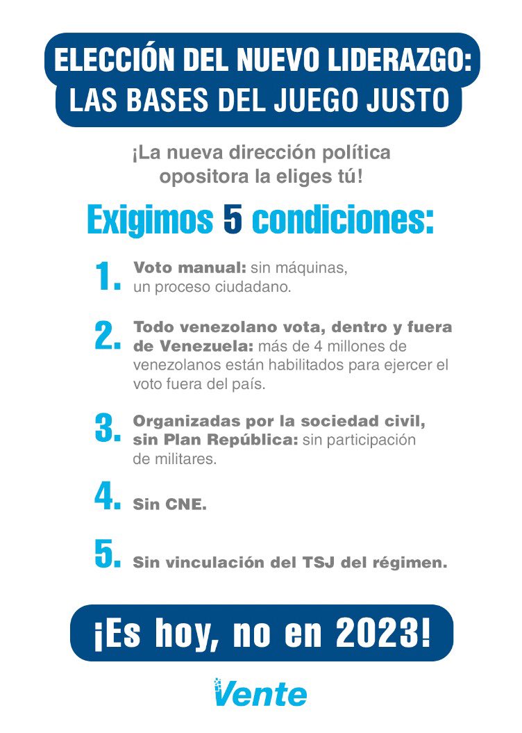 VenteVenezuela's tweet photo. #6jun | Elección del nuevo liderazgo: las bases del juego justo

Estas son las 5 condiciones que exigimos en Vente Venezuela 👇🏻 https://t.co/wjMFnl87qf