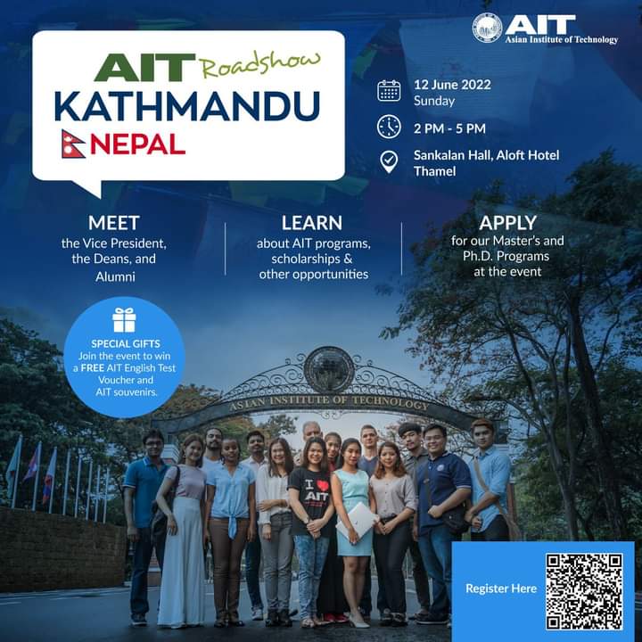 ShobhakarAIT's tweet photo. [For Nepali Students]
Meet us at Aloft Hotel in Kathmandu this Sunday for an informative session on Master's and Doctoral Degree Programs at AIT. 
Register: https://t.co/T4j0vY0hGL
🗓️ Date: June 12, 2022, Sunday
🕰️ Time: 2 PM to 5 PM
📍 Venue: Sankalan Hall, Aloft Hotel, Thamel https://t.co/51q8c7lPHO
