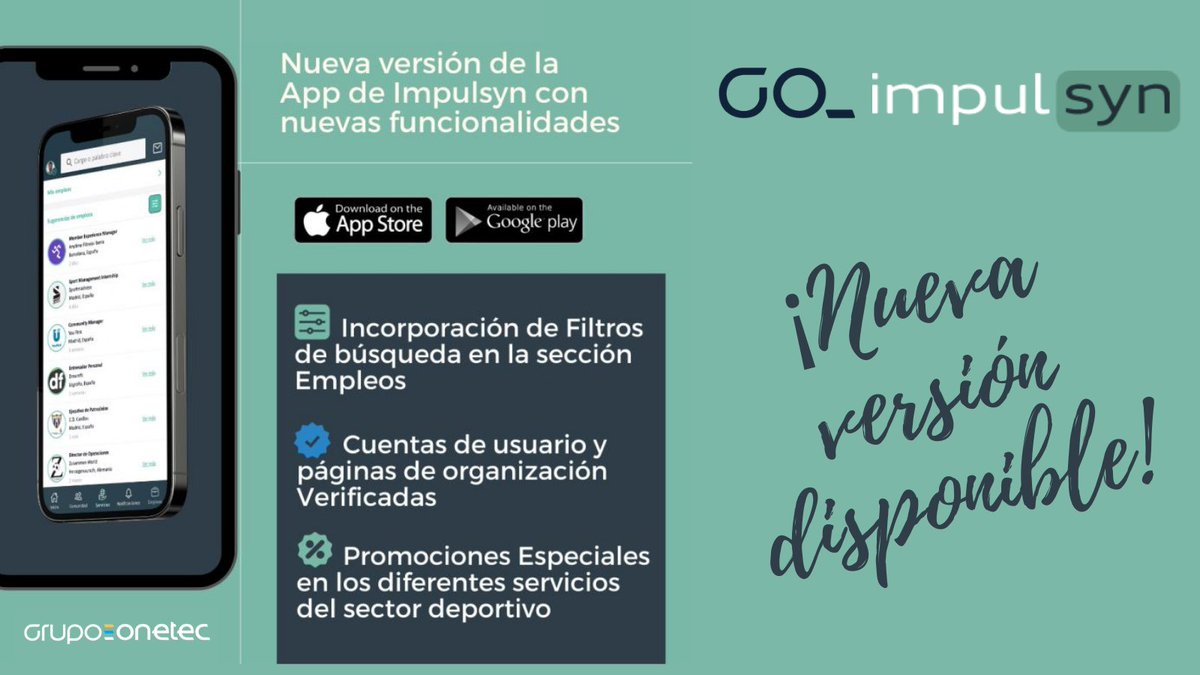 ¿Ya os habéis descargado la nueva versión de <a href="/Impulsyn/">impulsyn</a>? 📲 Esperamos que si, porque nuestro equipo en <a href="/Grupo_Onetec/">Grupo Onetec</a> trabaja duro para que con cada nueva entrega tengáis un montón de opciones y mejoras disponibles. ¡Aprovecha y sácale partido a la app! #sportstech #sportsbiz