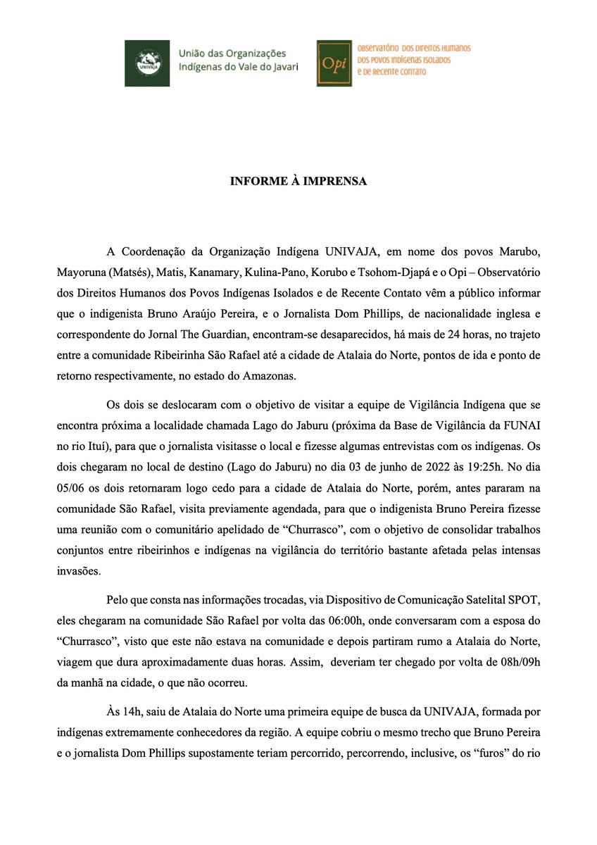 URGENTE! Informe sobre desaparecimento do indigenista Bruno Araújo Pereira e do jornalista Dom Phillips do The Guardian