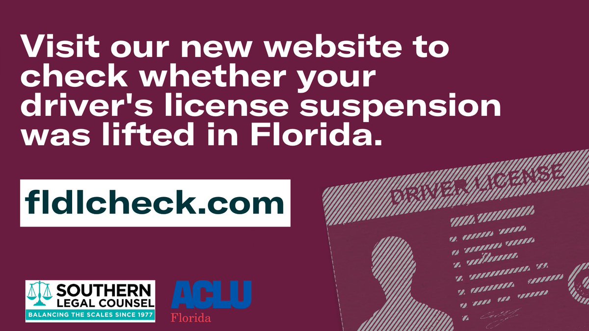 SouthernLegal's tweet photo. Want to find out if your FL driver's license suspension was lifted? Visit our new website in partnership with @ACLUFL  https://t.co/4gZ6YHzFUW. #Florida #FL #civilrights #courts #FLDMV #dlsuspension https://t.co/v5Pe9at6e5