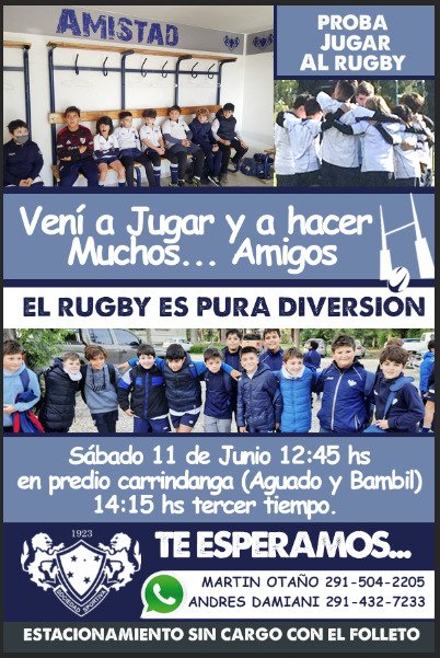 #RugbyInfantil El próximo finde acércate a La Carrindanga para disfrutar de un día a todo #Rugby, AMIGOS y FAMILIA. sumate 🏉 es ÚNICO!

🗓️ SÁBADO 11/6
🕑 14.15h
🏟️ La Carrindanga <a href="/SocSportiva/">Sociedad Sportiva Bahía Blanca</a>
☎️  Martín 291 504-2205
       Andrés 291 432-7233

IMPERDIBLE‼️

#EnTodaslasCanchas