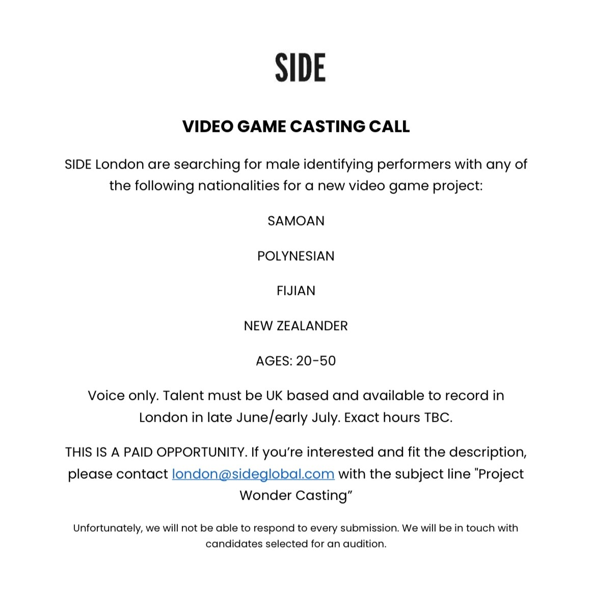 🚨CASTING CALL🚨 

Hello! SIDE London are currently casting talent for a new video game. Full details below. Please share and RT. Thank you! 🙏👾👇 

#Casting #CastingCall #Games