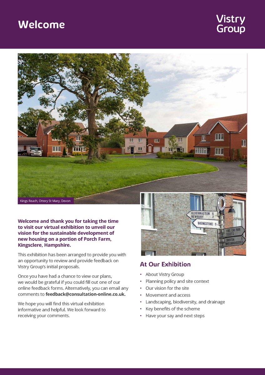 KingsclerePC's tweet photo. Vistry Group is running a public consultation &amp; virtual exhibition on its proposal for housing development on Porch Farm, closing on 15/06/22
This isn't a planning application; it's a preliminary consultation by the developers.
More info &amp; how to reply →
https://t.co/ceb8oKOLoj https://t.co/C0IzavLyS9