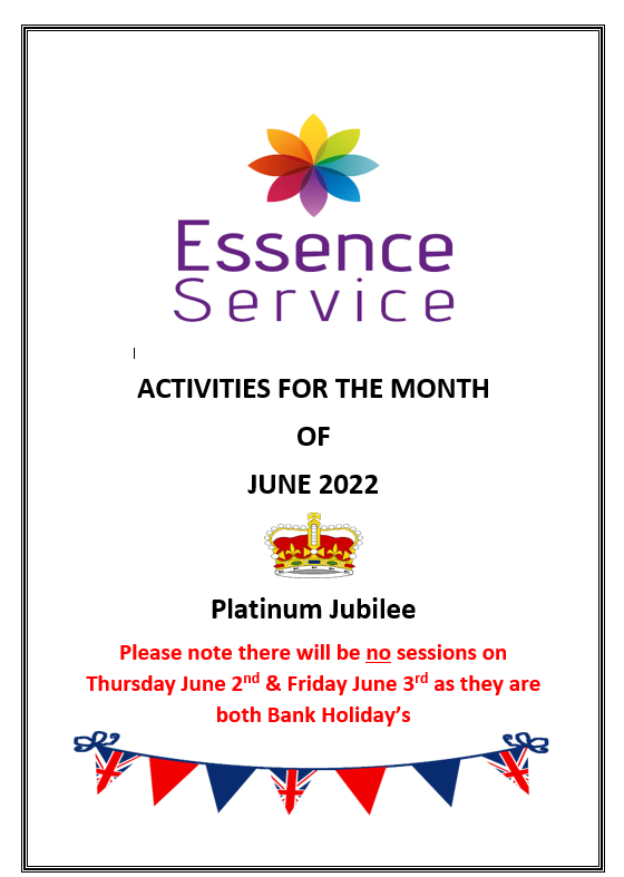 We hope everyone had a great long bank holiday weekend for the Platinum Jubilee.

Our June 2022 programme is now available on our Essence website 🙂 :
essenceservice.org.uk/essence-servic…
.
.
.
.
.
#dementia #sunderland #carer #carers